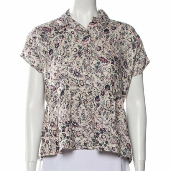 NEW RACHEL ZOE Cream Pink Floral 100% Peplum Cropped Short Sleeve Button Down - Picture 1 of 7
